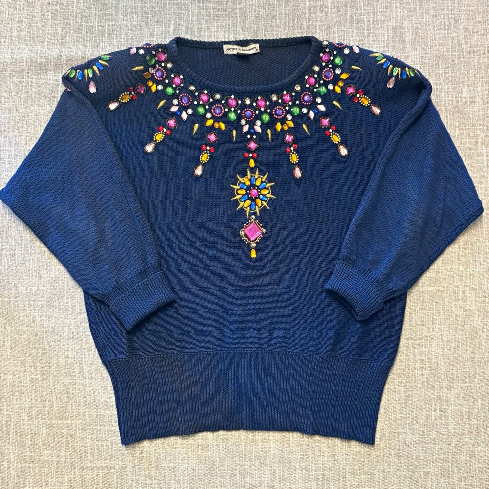 VTG Victoria Harbour Blue Beaded Knit Crew Neck Long Sleeve Pullover Sweater M